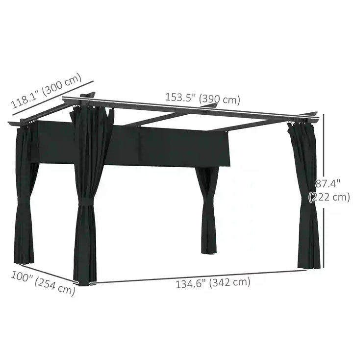 13' x 10' Aluminum Metal Pergola Gazebo Patio Shelter w Retractable Canopy Roof, Curtains, Dk Grey
