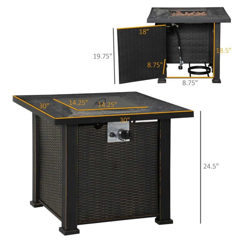 30" Square 50,000 BTU Propane Gas Fire Pit Table Heater w Cover for Outdoor Patio, Black-Brown