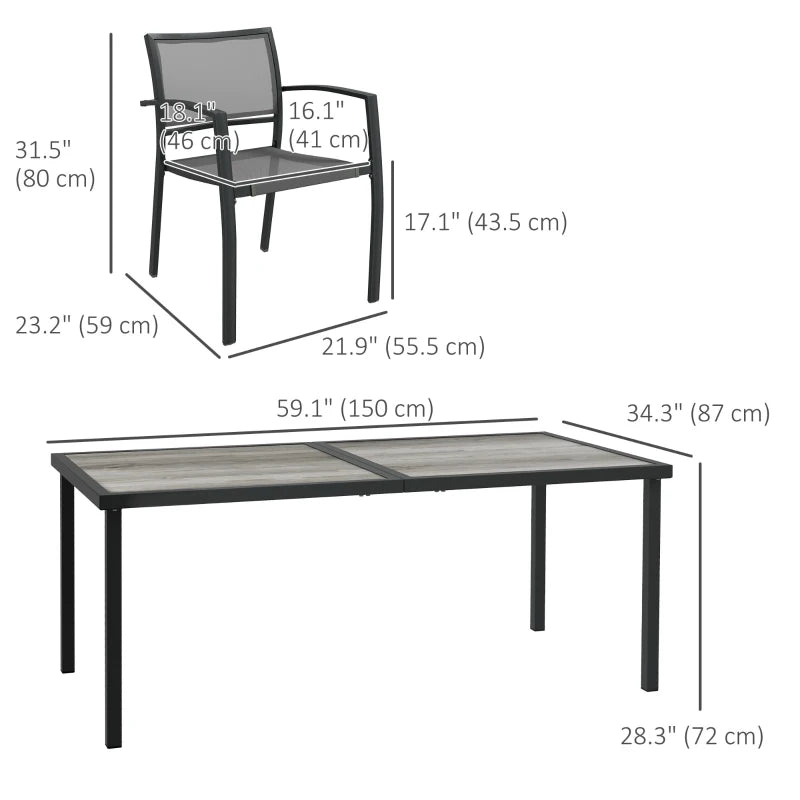 7pc, 6 Seat Outdoor Patio Dining Set w Wood Grain Table Mesh Stackable Chairs - Black, Grey