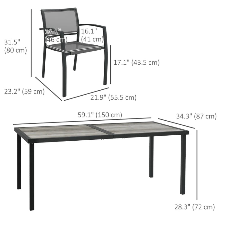 7pc, 6 Seat Outdoor Patio Dining Set w Wood Grain Table Mesh Stackable Chairs - Black, Grey