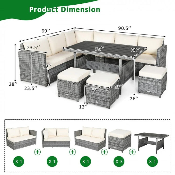 7pc L-Shape Rattan Wicker Dining Set Outdoor Patio Sectional w Table Cushions Ottomans, Off-White