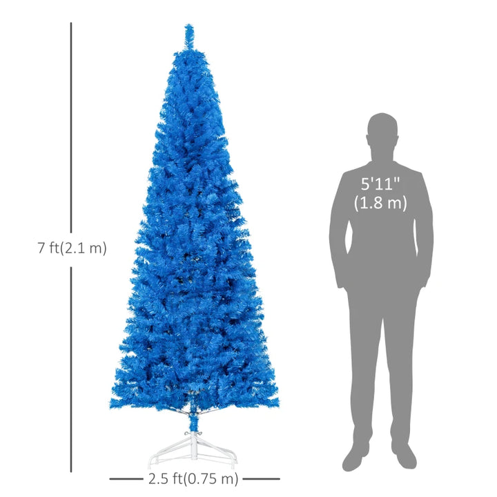 NEW 7ft 818-Tip Unlit Slim Artificial Christmas Holiday Tree w/ Metal Base, Xmas Decor – Bright Blue