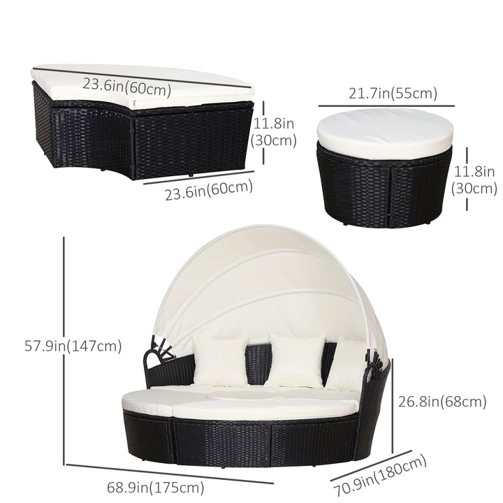 4pc PE Rattan Wicker Round Canopy Daybed Lounge Outdoor Patio Sofa w Cushions, Black, Cream White
