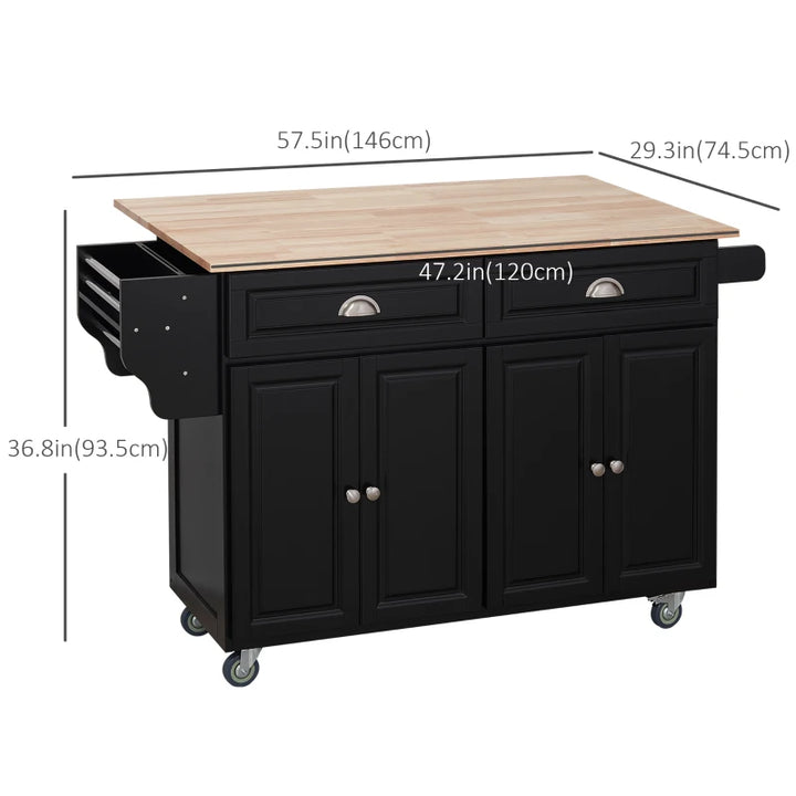 Rolling Kitchen Island Cart w Drop-leaf Dining Countertop Bar, Storage Cabinet, Wood Top, Black