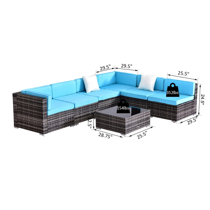 7pc PE Rattan Wicker Sectional Conversation Furniture Set w/ Cushions Deck Patio, Lt Blue, Grey