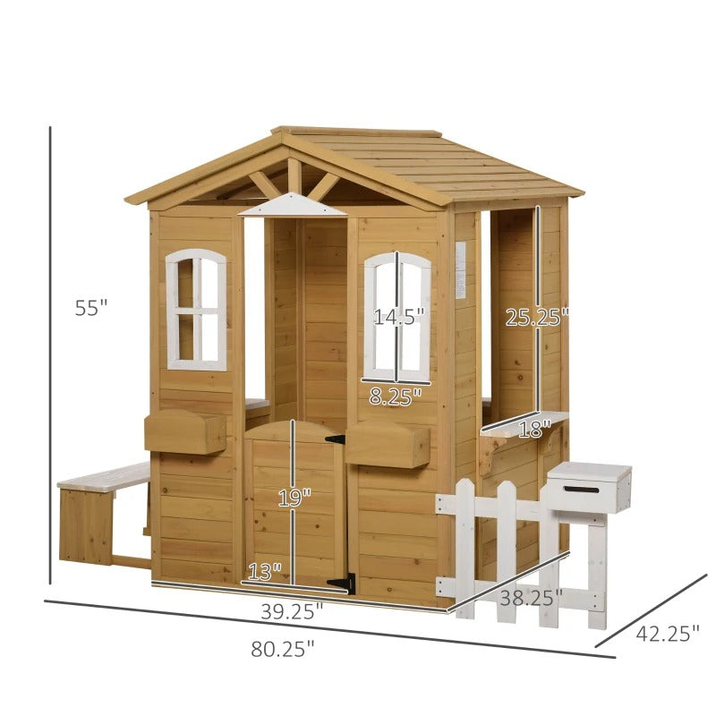 Kids Wooden Outdoor Playhouse w Door, Windows for Backyard Deck Patio Playground, Natural Fir