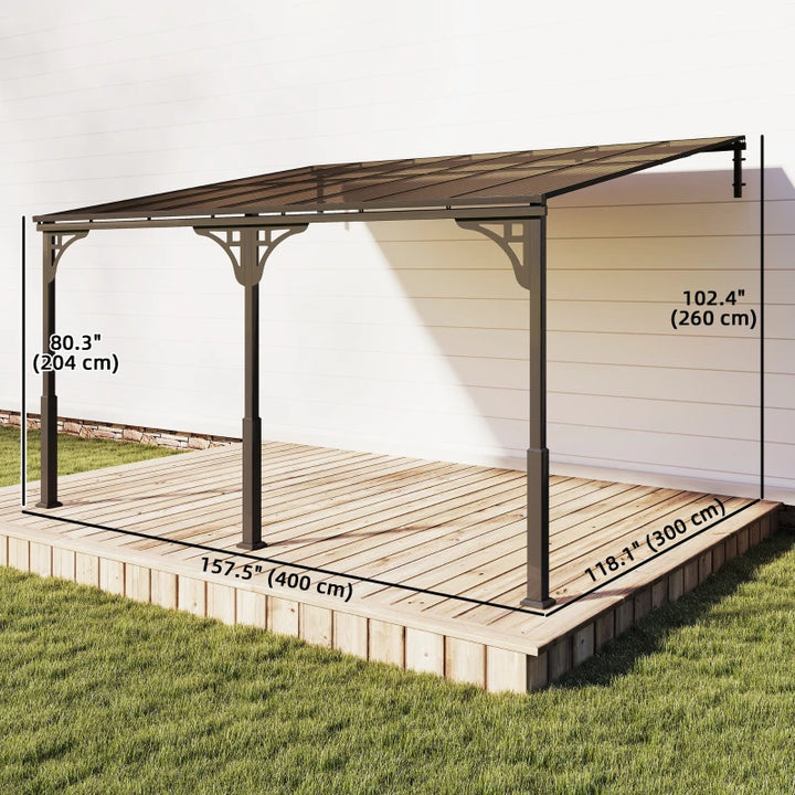 13' x 10' Lean-to Hardtop Wall-Mounted Outdoor Pergola - Durable Polycarbonate Roof & Metal Frame