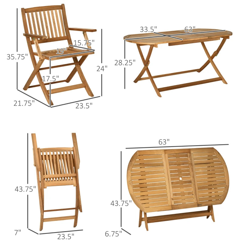 7pc, Folding 6-Seat Outdoor Patio Dining Set w Oval Table & Arm Chairs - Natural Poplar Wood