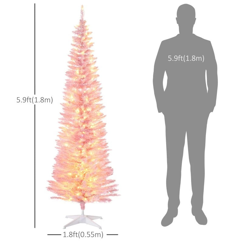 6ft 390-Tip Pre-lit Slim Artificial Pencil Christmas Holiday Tree w 200 LED Lights, Base, Pink