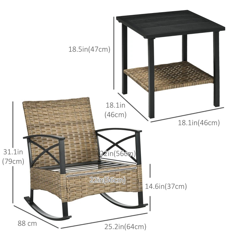 3pc PE Rattan Wicker & Metal Rocking Patio Bistro Set w Armchairs, Table, Cushions, Brown, Grey