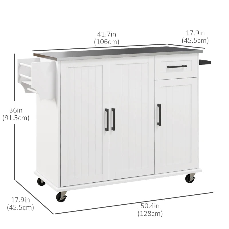 Modern Rolling Kitchen Island Extra Storage Cart Cabinet Sideboard, Stainless Steel Top, White