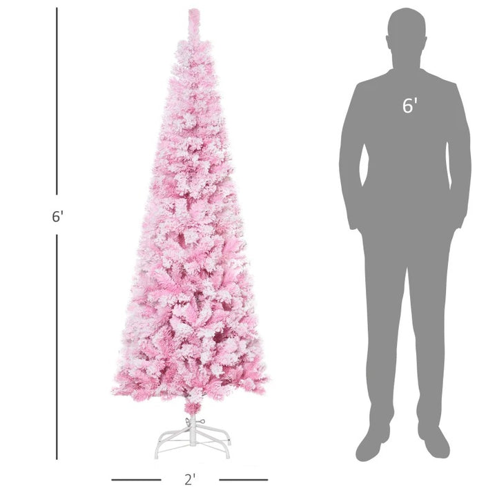 6ft 520-Tip Slim Snow Flocked Unlit Artificial Pencil Christmas Holiday Tree, Base Xmas, Pink