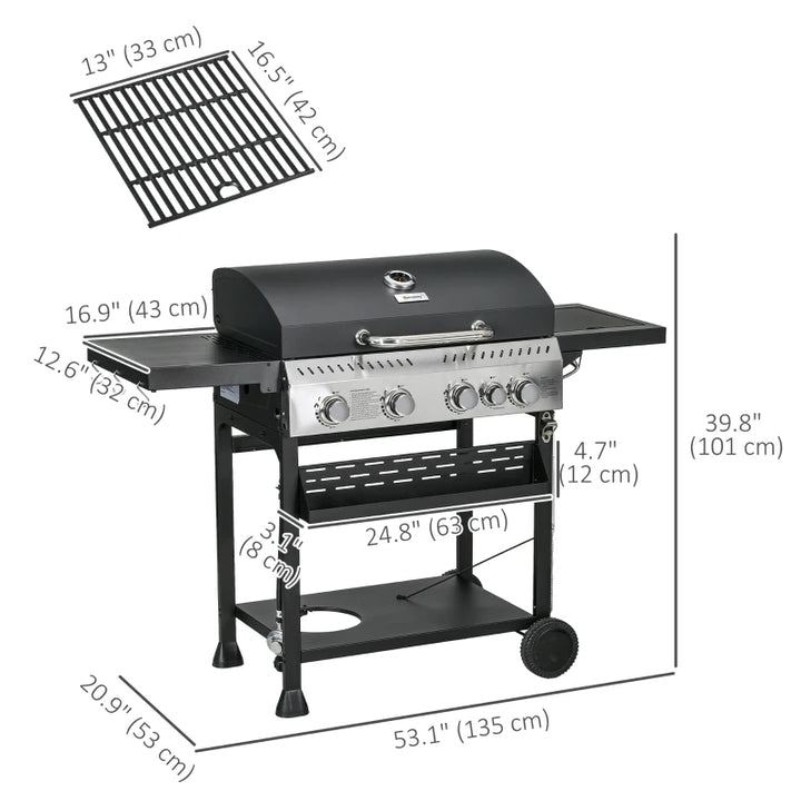 40,000 BTU Propane Gas BBQ Grill w/ 5 Burners, Warming Rack, Prep Tables for Patio Deck - Black