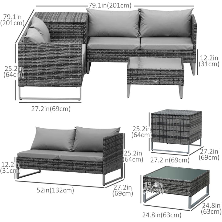 4pc L-Shape Corner Rattan Wicker Sectional Patio Sofa w Storage, Table, Cushions - Mixed Grey