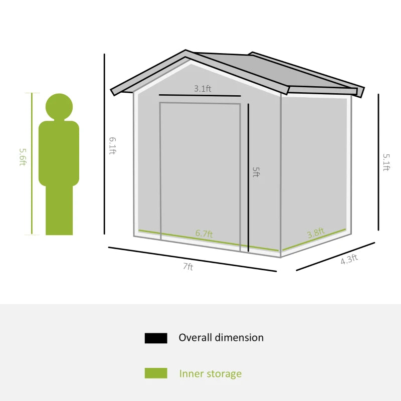 7’ x 4’ x 6’ Outdoor Metal Storage Shed Organizer w Foundation for Patio Backyard - Green