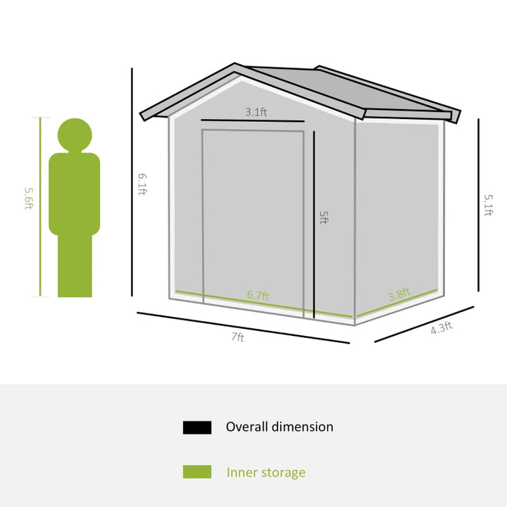 7’ x 4’ x 6’ Outdoor Metal Storage Shed Organizer w Foundation for Patio Backyard - Green