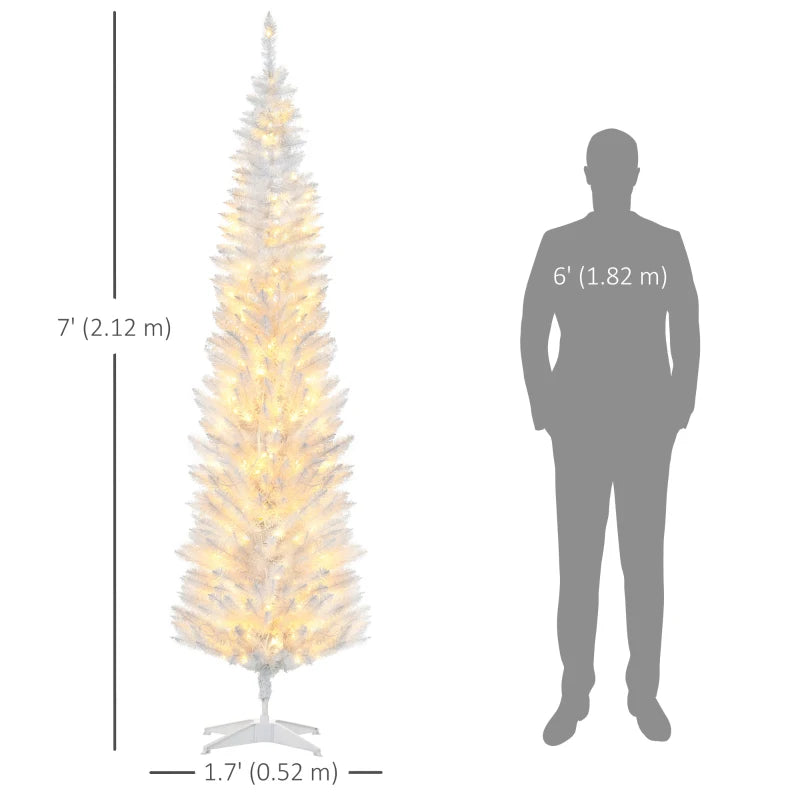 7ft 499-Tip Prelit Slim Pencil Artificial Christmas Holiday Tree, 200 Warm Lights, Xmas White