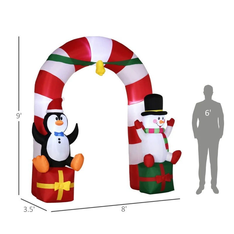 9ft Tall Inflatable LED Christmas Holiday Outdoor Blow Up, Candy Cane Arch, Penguin, Snowman