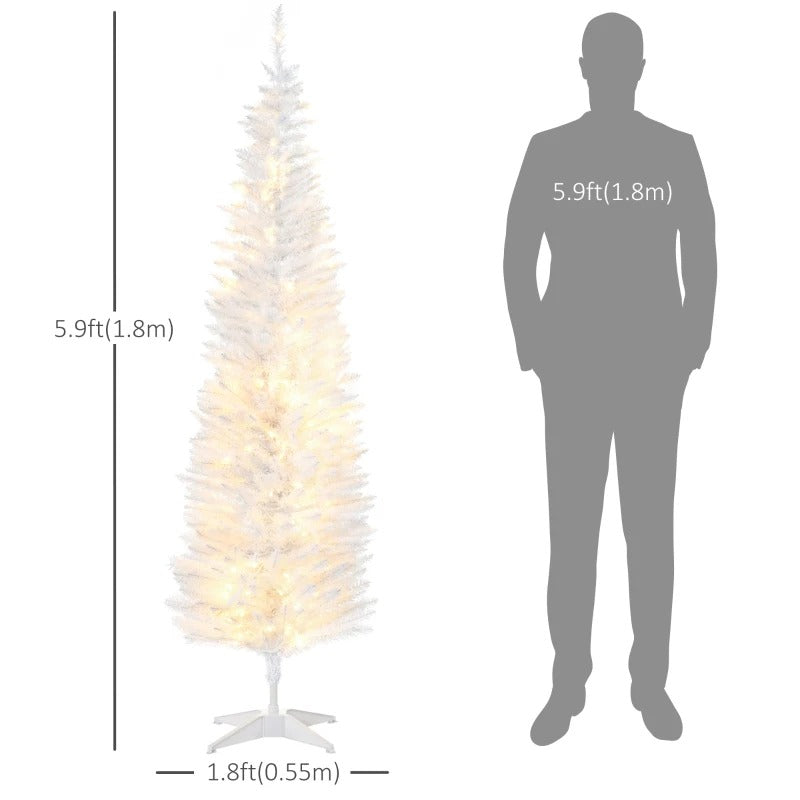 6ft 390-Tip Pre-lit Slim Artificial Pencil Christmas Holiday Tree w 200 LED Lights, Base, White