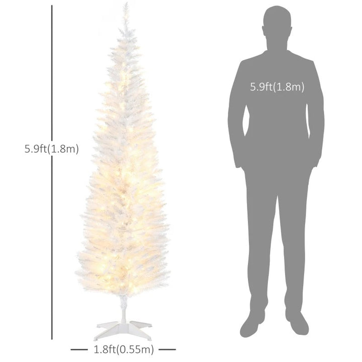 6ft 390-Tip Pre-lit Slim Artificial Pencil Christmas Holiday Tree w 200 LED Lights, Base, White