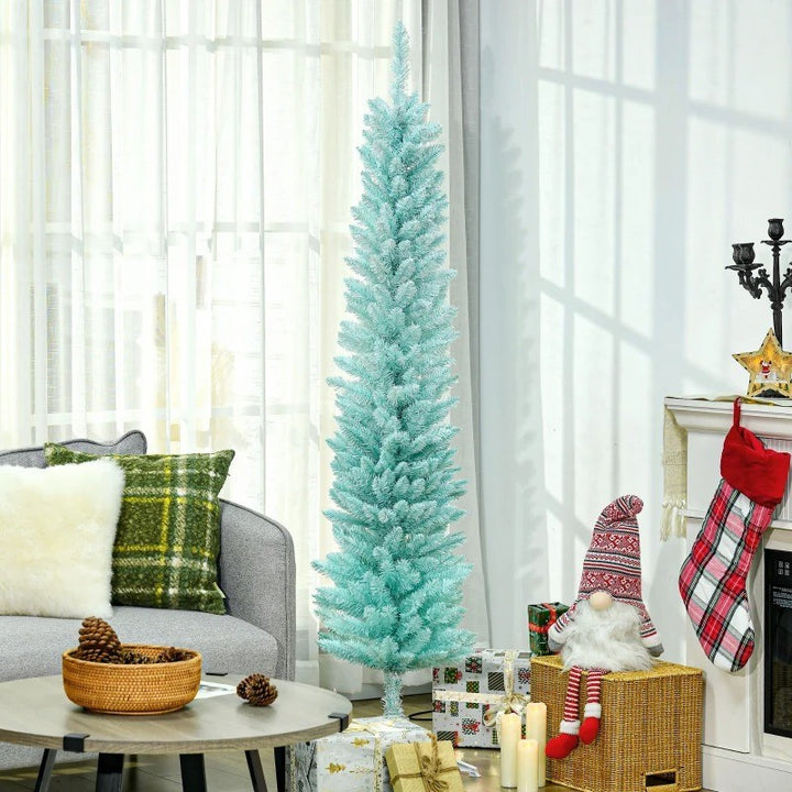 NEW 6ft 360-Tip Slim Pencil Artificial Christmas Holiday Xmas Tree Decor w Base, Lt Blue Turquoise