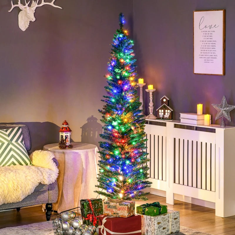 6ft Pre-lit Ultra Slim Pencil Faux Christmas Holiday Tree w 150 Multicolour LED Lights, Green