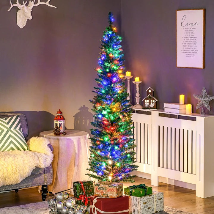 6ft Pre-lit Ultra Slim Pencil Faux Christmas Holiday Tree w 150 Multicolour LED Lights, Green