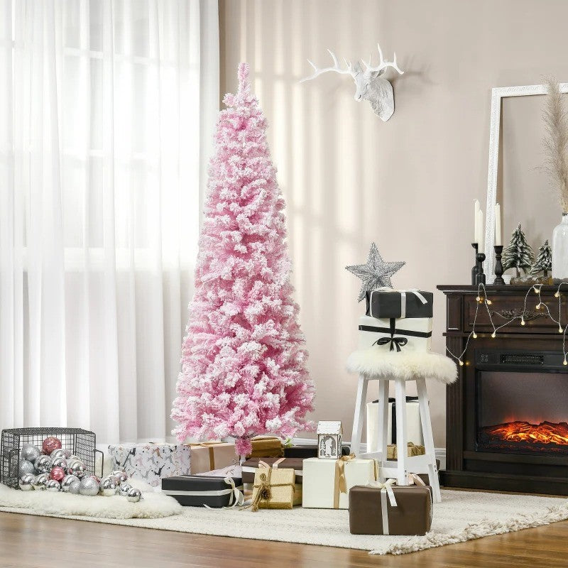 6ft 520-Tip Slim Snow Flocked Unlit Artificial Pencil Christmas Holiday Tree, Base Xmas, Pink