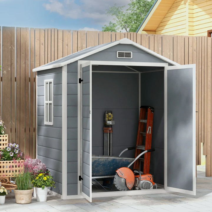 6' x 4.5' Resin PP Plastic Aluminum Outdoor Tool Storage Shed w 2 Doors for Patio Garden, Grey