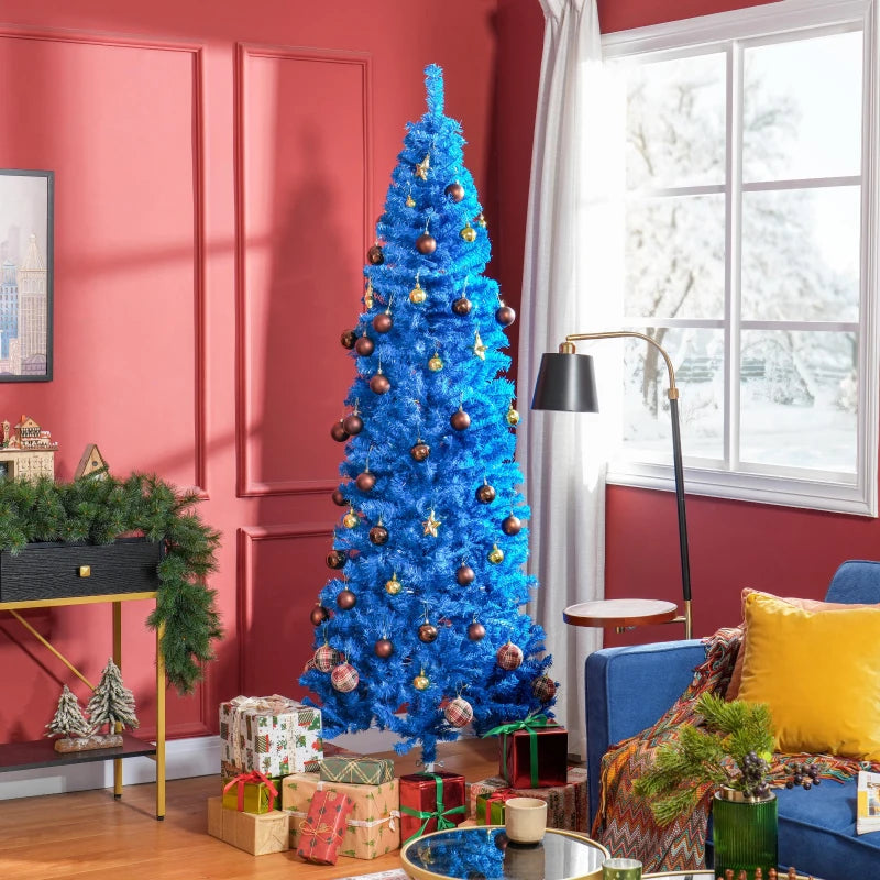 NEW 7ft 818-Tip Unlit Slim Artificial Christmas Holiday Tree w/ Metal Base, Xmas Decor – Bright Blue