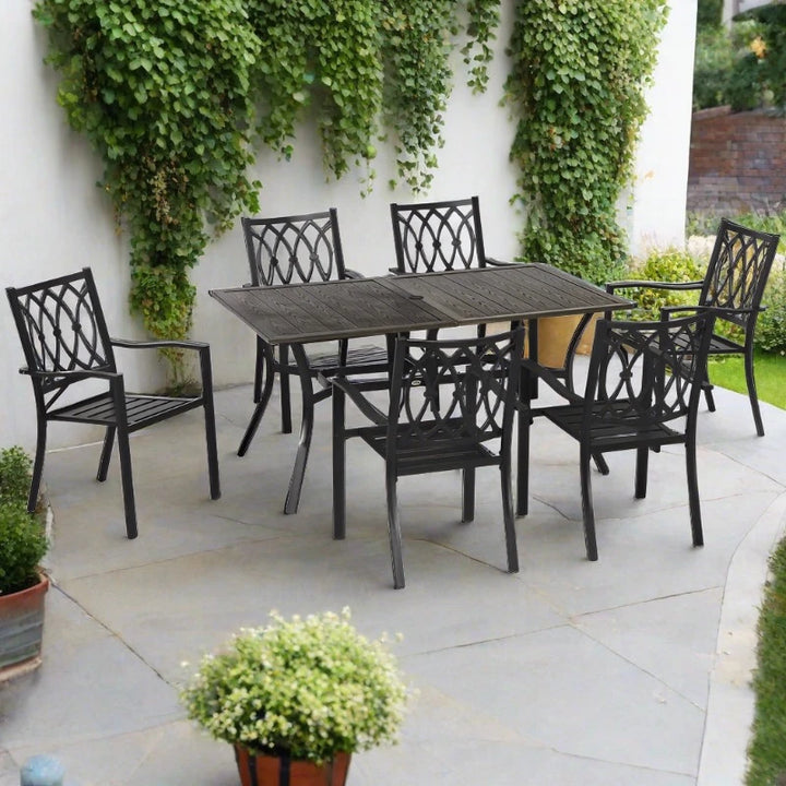 7pc Steel Woodgrain Effect Outdoor Dining Table Set, 6 Stackable Arm Chairs Garden Patio, Black