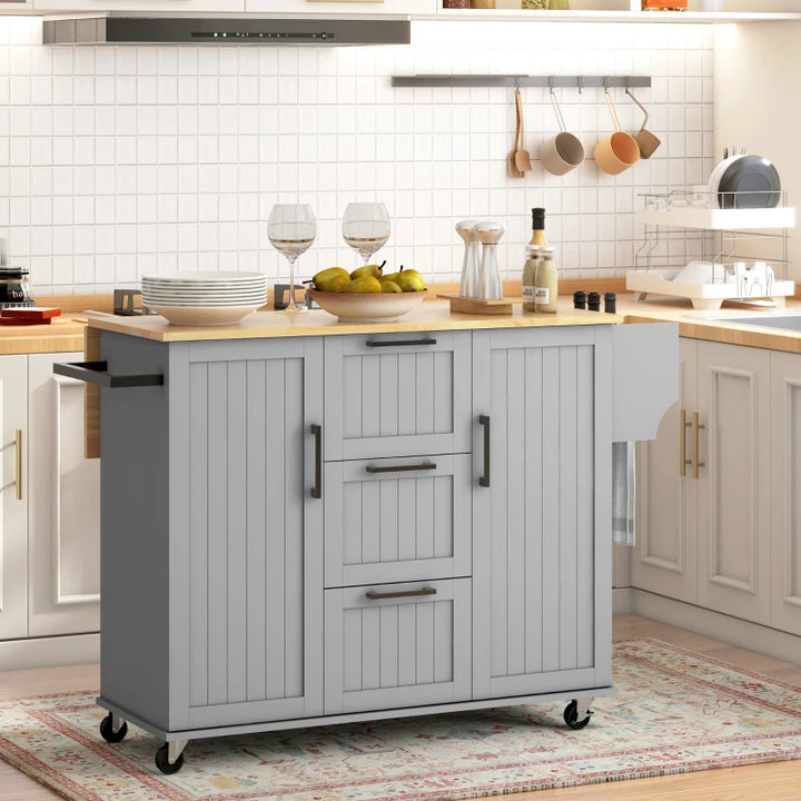 Rolling Kitchen Island Cart w Drop-leaf Dining Countertop Bar, Storage Drawers, Wood Top, Grey