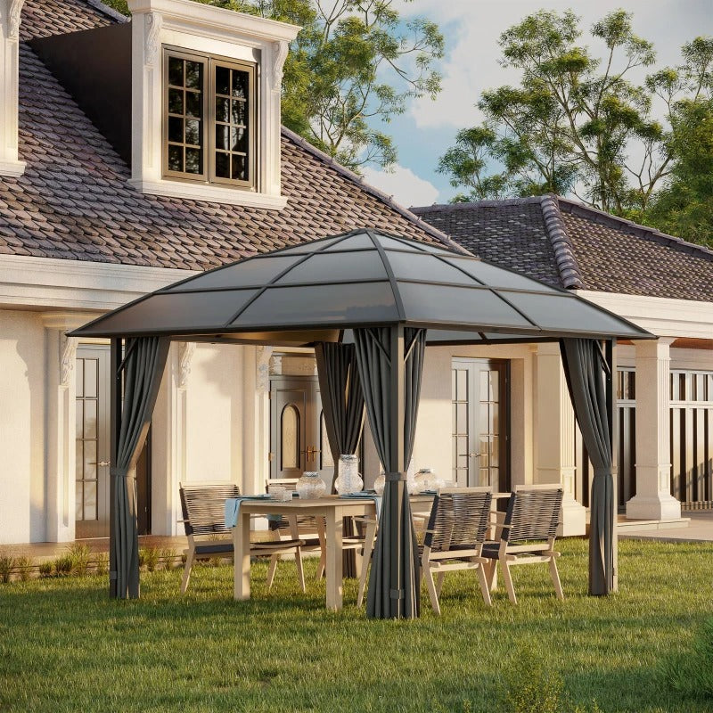 10' x 10' PC & Aluminum Hardtop / Steel Frame Gazebo Canopy Outdoor Shade Patio, Curtains, Grey