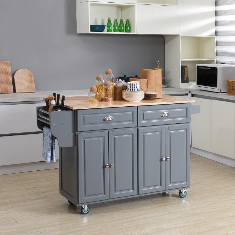 Rolling Kitchen Island Cart w Drop-leaf Dining Countertop Bar, Storage Cabinet, Wood Top, Grey