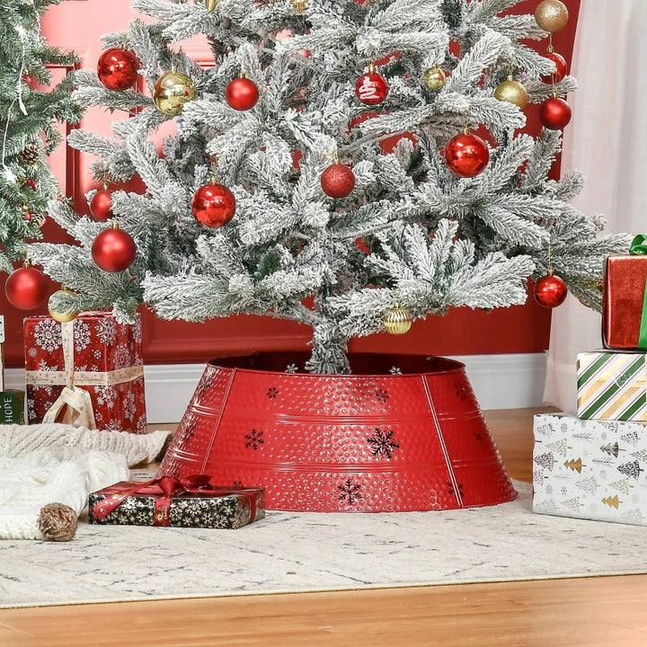 NEW 26" Rustic Metal Tree Skirt Collar Guard for Christmas Holiday Xmas Decor, Red w Snowflakes