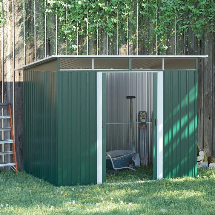 8.5' x 6' Outdoor Metal Storage Shed Organizer w/ Double Doors, Drainage for Patio - Dk Green