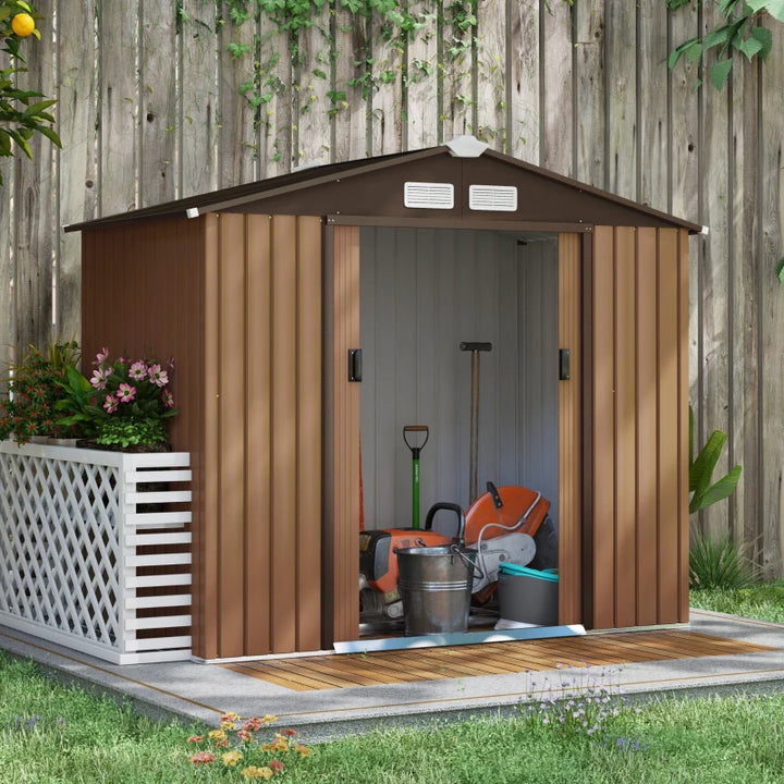 7’ x 4’ x 6’ Outdoor Metal Storage Shed Organizer w Foundation for Garden Backyard, Tan Brown