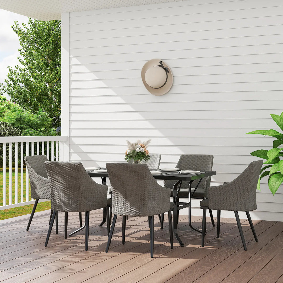 7pc, 6 Seat Chic Outdoor Patio Dining Set w Steel Slatted Table, Rattan Chairs, Umbrella Hole, Grey