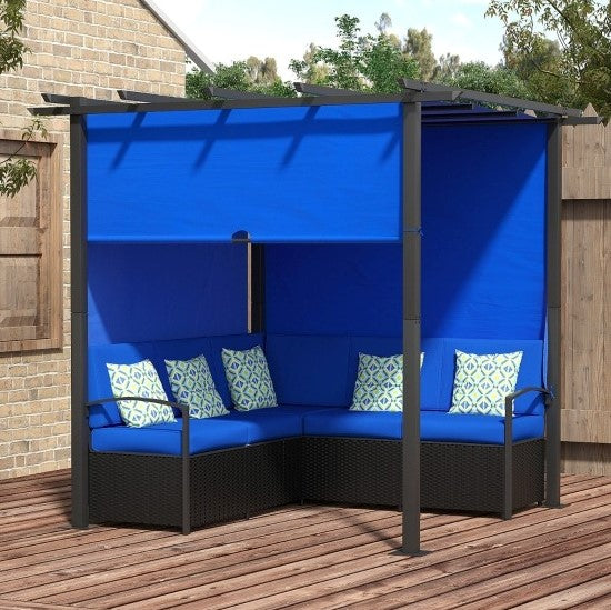 All-in-One Corner Rattan Wicker Outdoor Sofa Set Patio Cabana Pergola w Canopy, Cushions, Blue