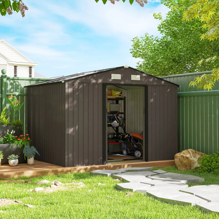 9.1'x6.4'x6.3' Metal Garden Storage Shed with Foundation Kit - Durable Weather-Resistant Tool Storage