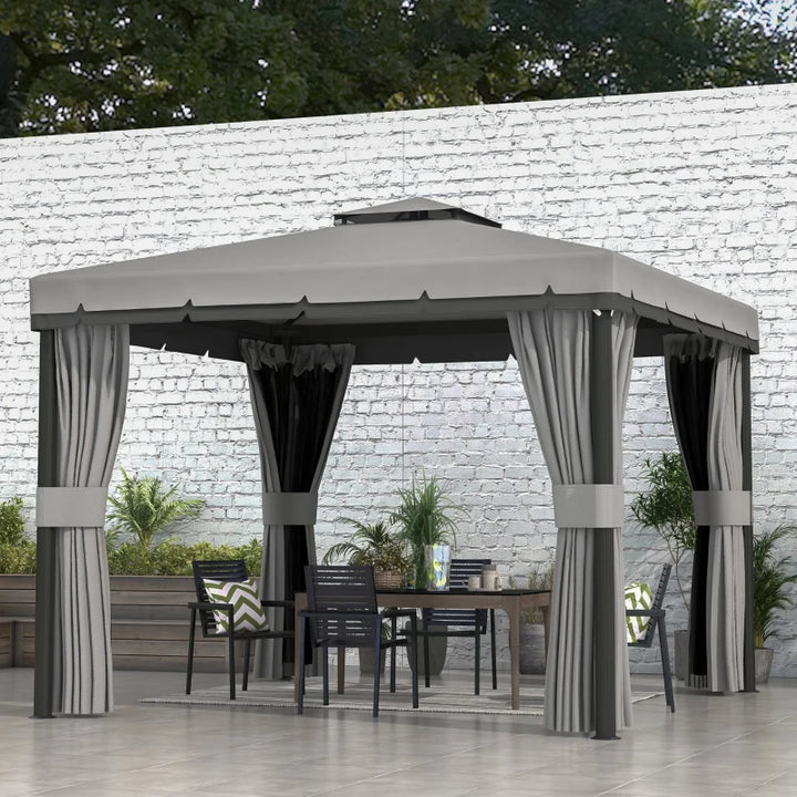 10' x 10' 2-Tier Outdoor Gazebo Canopy Tent with Mesh Sidewalls - Durable Weather-Resistant Patio Shelter