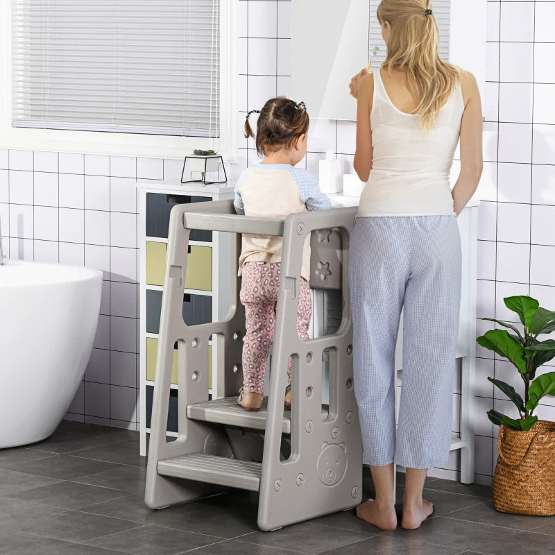 Kids Adjustable Step Stool Educational Tower Standing Platform, Kitchen Bath Learn Play, Grey