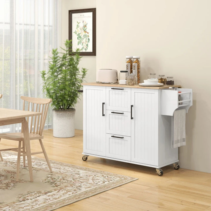 Rolling Kitchen Island Cart w Drop-leaf Dining Countertop Bar, Storage Drawers, Wood Top, White