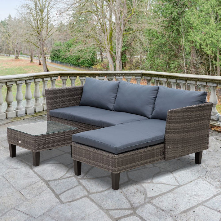 3pc Compact PE Rattan Wicker L-Shape Outdoor Patio Conversation Sofa Set w Cushions - Grey