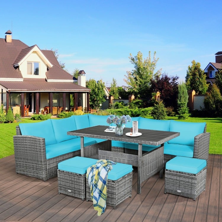 7pc L-Shape Rattan Wicker Dining Set Outdoor Patio Sectional w Table Cushions Ottomans, Turquoise