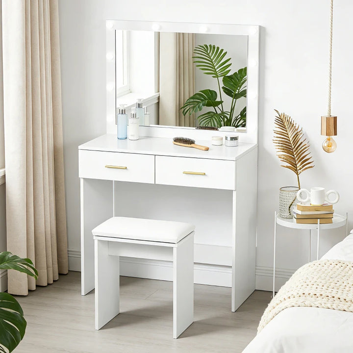 Makeup Vanity Desk Set with LED Lighting Mirror - Modern Dressing Table with Storage