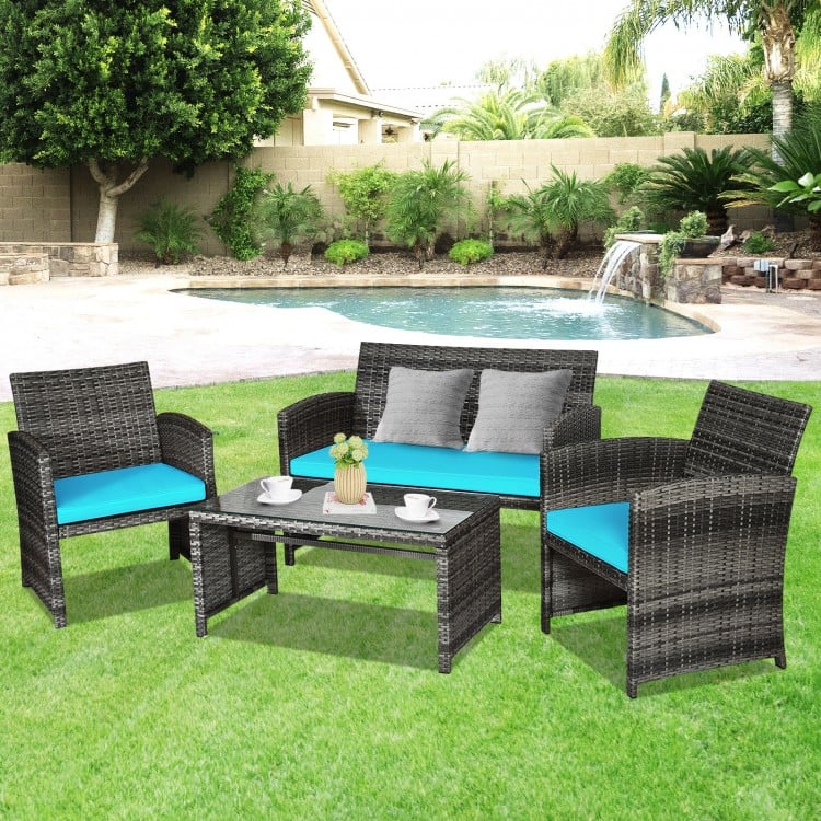 4pc Rattan Wicker Conversation Furniture Loveseat Set w Cushions for Outdoor Patio, Grey, Turquoise