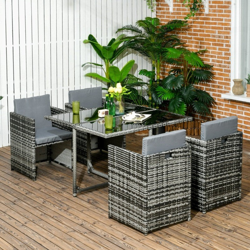 5pc Compact PE Rattan Wicker Dining Table Set w Cushions for Outdoor Patio - Black,  Mixed Grey