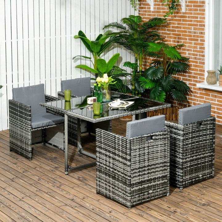 5pc Compact PE Rattan Wicker Dining Table Set w Cushions for Outdoor Patio - Black,  Mixed Grey