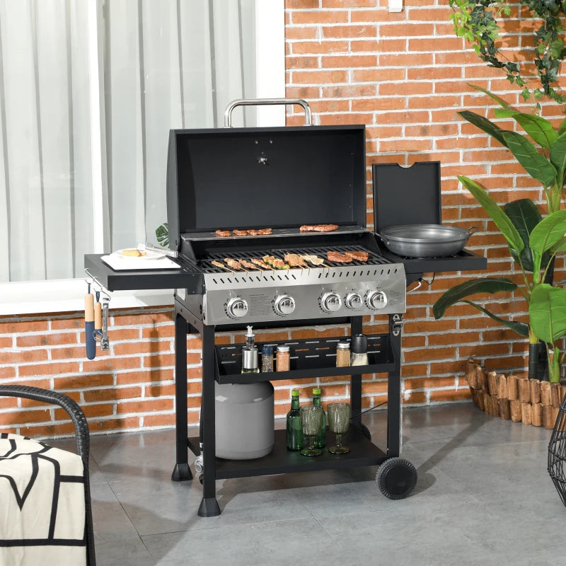 40,000 BTU Propane Gas BBQ Grill w/ 5 Burners, Warming Rack, Prep Tables for Patio Deck - Black